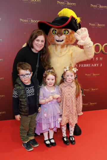 Aisling O'Brien with James Reynolds (4), Issabel (3) and Eloise Ridgewell (5) pictured at a special preview screening of PUSS IN BOOTS: THE LAST WISH at Movies @ The Square. PUSS IN BOOTS: THE LAST WISH is in cinemas nationwide from February 3rd. Picture Andres Poveda 
