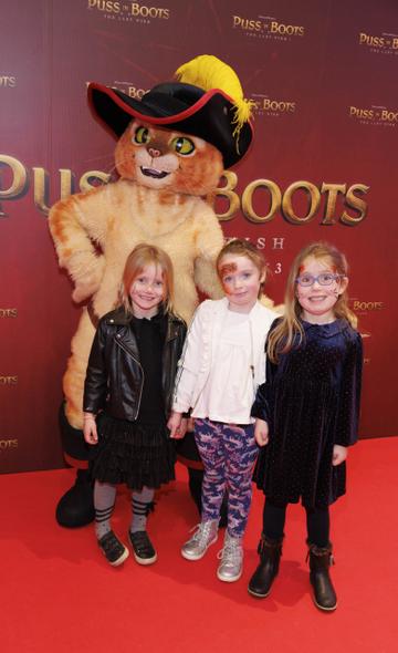 Arabella Lavery, Allie Jordan and Fia May Lynch pictured at a special preview screening of PUSS IN BOOTS: THE LAST WISH at Movies @ The Square. PUSS IN BOOTS: THE LAST WISH is in cinemas nationwide from February 3rd. Picture Andres Poveda