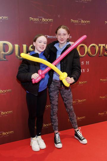 Fraya McKeon (12) and Ava Morrow (12) pictured at a special preview screening of PUSS IN BOOTS: THE LAST WISH at Movies @ The Square. PUSS IN BOOTS: THE LAST WISH is in cinemas nationwide from February 3rd. Picture Andres Poveda 