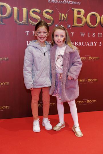Simone Cleary (6) and Bonnie Dempsey (5) from Coolcok pictured at a special preview screening of PUSS IN BOOTS: THE LAST WISH at Movies @ The Square. PUSS IN BOOTS: THE LAST WISH is in cinemas nationwide from February 3rd. Picture Andres Poveda 