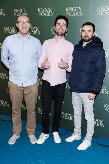 Jack Fenton, Will Synott,  and Rob O'Donoghue pictured at a special preview screening of M. Night Shyamalan’s KNOCK AT THE CABIN at Rathmines Omniplex. KNOCK AT THE CABIN is in cinemas nationwide from this Friday February 3rd. Picture Andres Poveda **No Repro Fee**