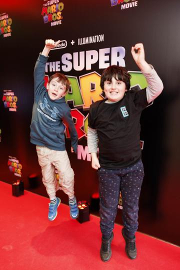 Rory O'Connor (8) and Ben Moran (7) pictured at the Irish premiere screening of The Super Mario Bros. Movie at Light House Cinema, Dublin. The Super Mario Bros. Movie is in cinemas from Wednesday April 5th. Picture Andres Poveda
 