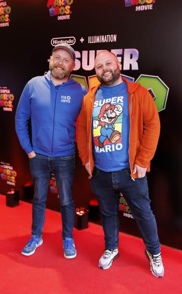 Fintan Wall and Davy Quinlivan pictured at the Irish premiere screening of The Super Mario Bros. Movie at Light House Cinema, Dublin. The Super Mario Bros. Movie is in cinemas from Wednesday April 5th. Picture Andres Poveda
 