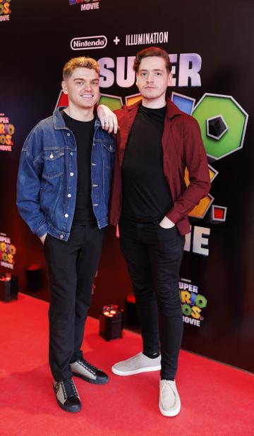 Conor Cregan and Andrew Cregan pictured at the Irish premiere screening of The Super Mario Bros. Movie at Light House Cinema, Dublin. The Super Mario Bros. Movie is in cinemas from Wednesday April 5th. Picture Andres Poveda
 