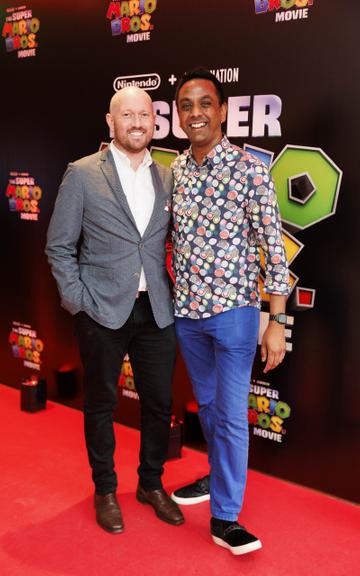 David Mitchell and Clint Drieberg pictured at the Irish premiere screening of The Super Mario Bros. Movie at Light House Cinema, Dublin. The Super Mario Bros. Movie is in cinemas from Wednesday April 5th. Picture Andres Poveda
 