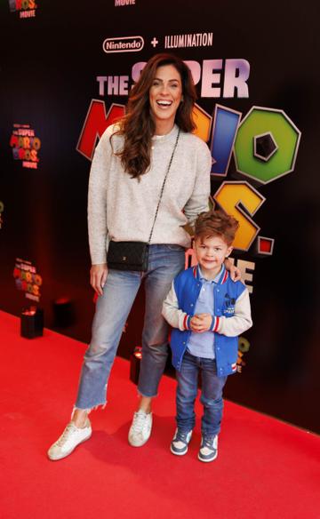 Glenda Gilson and son  Bobby MacNaughton (4) pictured at the Irish premiere screening of The Super Mario Bros. Movie at Light House Cinema, Dublin. The Super Mario Bros. Movie is in cinemas from Wednesday April 5th. Picture Andres Poveda
 