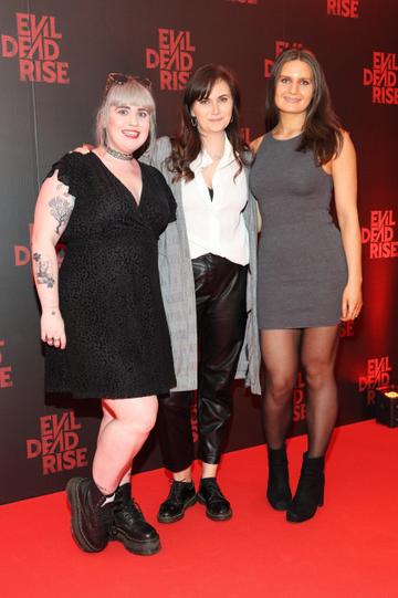 Ali Doye, Jessie Fisk and Hazel Gordon pictured at the European Premiere of EVIL DEAD RISE at the Lighthouse Cinema,Dublin. The new film in the legendary franchise was written and directed by Irish
filmmaker Lee Cronin.

Picture Brian McEvoy Photography
