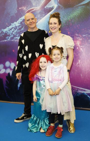 Conor Pope and Sonia Harris Pope with and Ruby (5) and Billie Higgins (6) pictured at the family premiere screening of Disney’s The Little Mermaid at the Odeon Point Village. Picture Andres Poveda