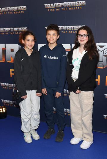 Sara Ibnouzahir, Rayane Ibnouzahir and Aoife McGuigan  pictured at the Irish Premiere screening of Transformers Rise of the Beasts at Cineworld ,Dublin.
Picture Brian McEvoy