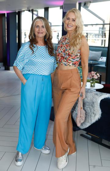 Cathy O'Connor and Ursula Kelly pictured at the summer party of the season at Hyde rooftop club bar, just off Grafton Street. Top Irish actors, presenters, influencers and more celebrated the newly completed rooftop space and all praised the stylish and much-needed new large rooftop bar addition to Dublin. Rooftop lovers can now enjoy the space for everything from weekend brunch with pals to dancing with cocktails to Dublin’s coolest DJs. Photograph: Leon Farrell / Photocall Ireland