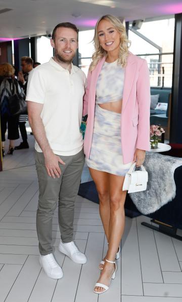 Dean Zambia and Stephanie Roche pictured at the summer party of the season at Hyde rooftop club bar, just off Grafton Street. Top Irish actors, presenters, influencers and more celebrated the newly completed rooftop space and all praised the stylish and much-needed new large rooftop bar addition to Dublin. Rooftop lovers can now enjoy the space for everything from weekend brunch with pals to dancing with cocktails to Dublin’s coolest DJs. Photograph: Leon Farrell / Photocall Ireland