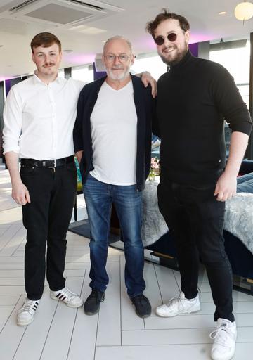 Liam Cunningham with sons Sean and Liam pictured at the summer party of the season at Hyde rooftop club bar, just off Grafton Street. Top Irish actors, presenters, influencers and more celebrated the newly completed rooftop space and all praised the stylish and much-needed new large rooftop bar addition to Dublin. Rooftop lovers can now enjoy the space for everything from weekend brunch with pals to dancing with cocktails to Dublin’s coolest DJs. Photograph: Leon Farrell / Photocall Ireland