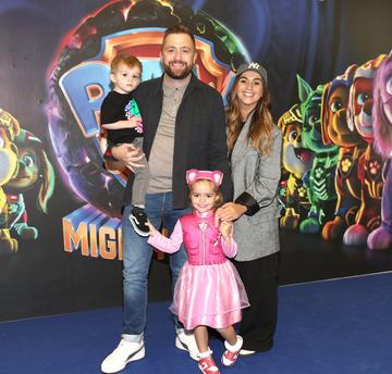 Actor George McMahon with his wife Rachel and children  Frankie and Kody at the special preview screening of Paw Patrol :The Mighty Movie at the Odeon Cinema in Point Square, Dublin.
Picture Brian McEvoy
