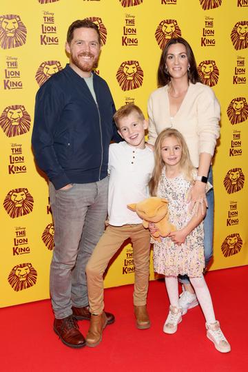 Suzanne Kane with her husband Joey Donnelly and children Hannah and Oisin pictured at the opening night of Disney's The Lion King musical at the Bord Gais Energy Theatre,Dublin.
Picture Brian McEvoy

