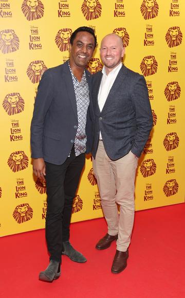 Clint Drieberg and David Mitchell  pictured at the opening night of Disney's The Lion King musical at the Bord Gais Energy Theatre,Dublin.
Picture Brian McEvoy
