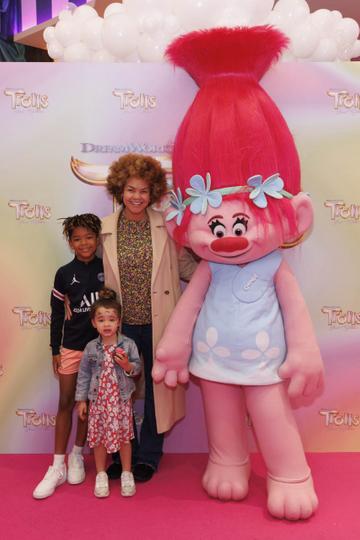 Eimear O'Neil with Ky and Sunny Rae pictured with Poppy at a special preview screening of Trolls Band Together at Movies@ The Square, Dublin. Trolls Band Together is in cinemas next Friday October 20th. Picture Andres Poveda