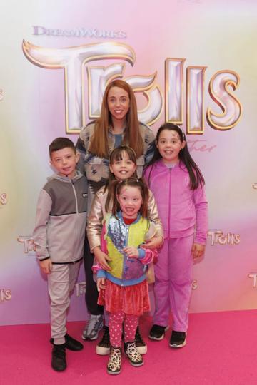 Kellie Kearney, with cildren Frankie, Kenzie, Kasey and Kadie pictured at a special preview screening of Trolls Band Together at Movies@ The Square, Dublin. Trolls Band Together is in cinemas next Friday October 20th. Picture Andres Poveda