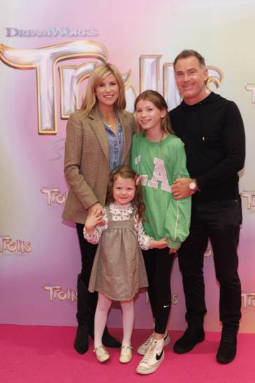 Jenny Buckley husband Garrett McClean, and daughters Jude (11) and Bow (3)  pictured at a special preview screening of Trolls Band Together at Movies@ The Square, Dublin. Trolls Band Together is in cinemas next Friday October 20th. Picture Andres Poveda