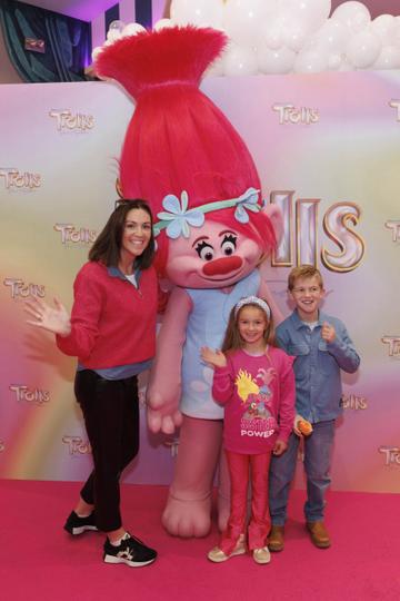 Suzanne Kane with Hannah (6) and Oisín (8) pictured with Poppy at a special preview screening of Trolls Band Together at Movies@ The Square, Dublin. Trolls Band Together is in cinemas next Friday October 20th. Picture Andres Poveda