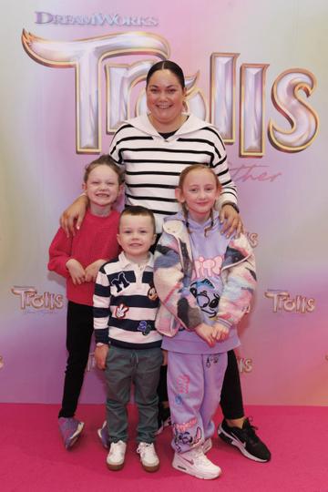 Grace Mongey with children Sienna and Hayden and Ella Condron (9) pictured at a special preview screening of Trolls Band Together at Movies@ The Square, Dublin. Trolls Band Together is in cinemas next Friday October 20th. Picture Andres Poveda