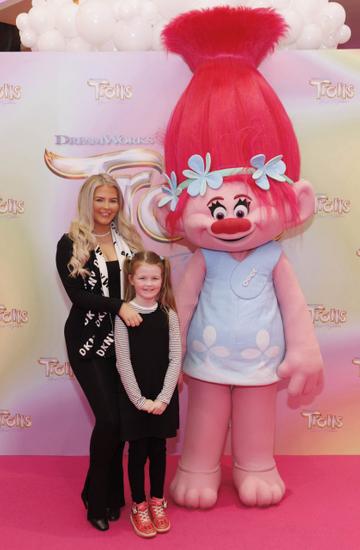 Leah and Ella Keoghan (8) pictured with Poppy at a special preview screening of Trolls Band Together at Movies@ The Square, Dublin. Trolls Band Together is in cinemas next Friday October 20th. Picture Andres Poveda