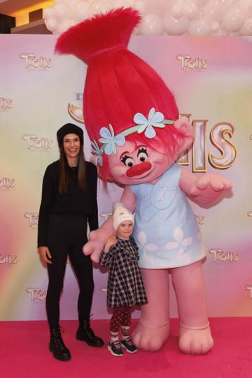 Dee Buckley and Sage (4) pictured with Poppy at a special preview screening of Trolls Band Together at Movies@ The Square, Dublin. Trolls Band Together is in cinemas next Friday October 20th. Picture Andres Poveda