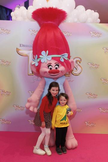 Kaia (7) and Isaac Kenny (4) pictured with Poppy at a special preview screening of Trolls Band Together at Movies@ The Square, Dublin. Trolls Band Together is in cinemas next Friday October 20th. Picture Andres Poveda