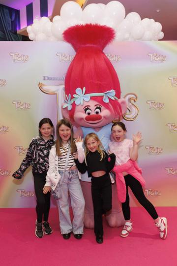 Melody O'Sullivan, Ava Smith, Mia Wilis and Robyn Walsh pictured with Poppy at a special preview screening of Trolls Band Together at Movies@ The Square, Dublin. Trolls Band Together is in cinemas next Friday October 20th. Picture Andres Poveda