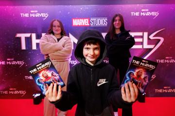 Emila Keogh(14) Jamie Costello (7) and Julia Costello (12) pictured at the Irish Premiere screening of Marvel Studios The Marvels at Cineworld Dublin. In cinemas this Friday. Picture Andres Poveda