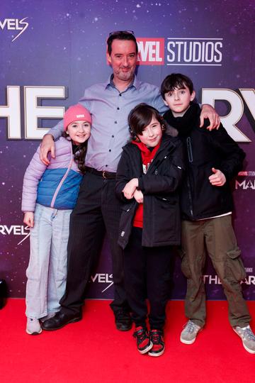 John Dunne, Grace (11), Michael (11) and Rian (14) pictured at the Irish Premiere screening of Marvel Studios The Marvels at Cineworld Dublin. In cinemas this Friday. Picture Andres Poveda