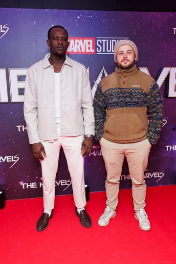 Jamiu Akambi and Luke O'Neill pictured at the Irish Premiere screening of Marvel Studios The Marvels at Cineworld Dublin. In cinemas this Friday. Picture Andres Poveda