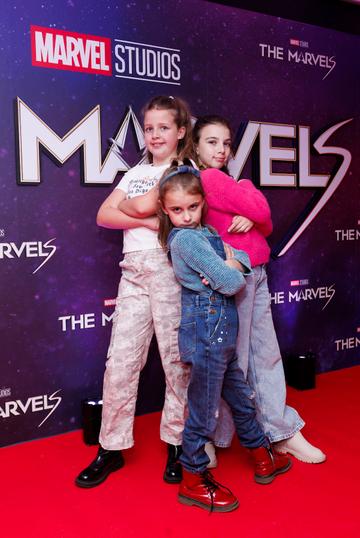 Robin McGowan (9) and Sally McGowan (6) Mia McKeon (9) pictured at the Irish Premiere screening of Marvel Studios The Marvels at Cineworld Dublin. In cinemas this Friday. Picture Andres Poveda