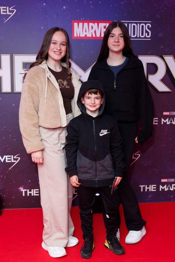 Emila Keogh(14) Jamie Costello (7) and Julia Costello (12) pictured at the Irish Premiere screening of Marvel Studios The Marvels at Cineworld Dublin. In cinemas this Friday. Picture Andres Poveda