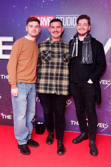 Conor Cregan, Calvin Fry and Andrew Cregan pictured at the Irish Premiere screening of Marvel Studios The Marvels at Cineworld Dublin. In cinemas this Friday. Picture Andres Poveda