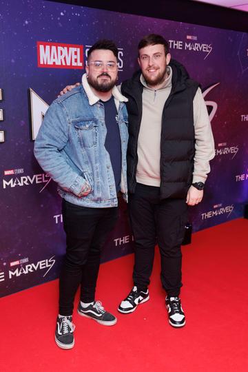 Gerard Walsh and Darren Conway pictured at the Irish Premiere screening of Marvel Studios The Marvels at Cineworld Dublin. In cinemas this Friday. Picture Andres Poveda
