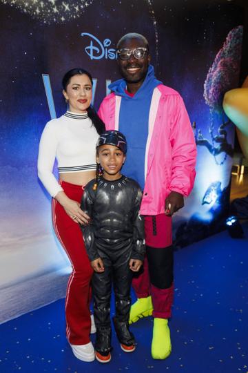 Timi Ogunyemi, Karli Mulvaney and son Atlas pictured at the Family Premiere Screening of Disney’s Wish. In cinemas only from November 24 Picture Andres Poveda