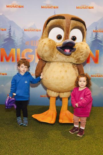 Jonoh (5) and Chrissie Buckley (3) pictured with Gwen at the Irish premiere screening of Migration at Movies@ The Square. From Illumination, Migration is in cinemas from Friday February 2nd. Photo Andres Poveda